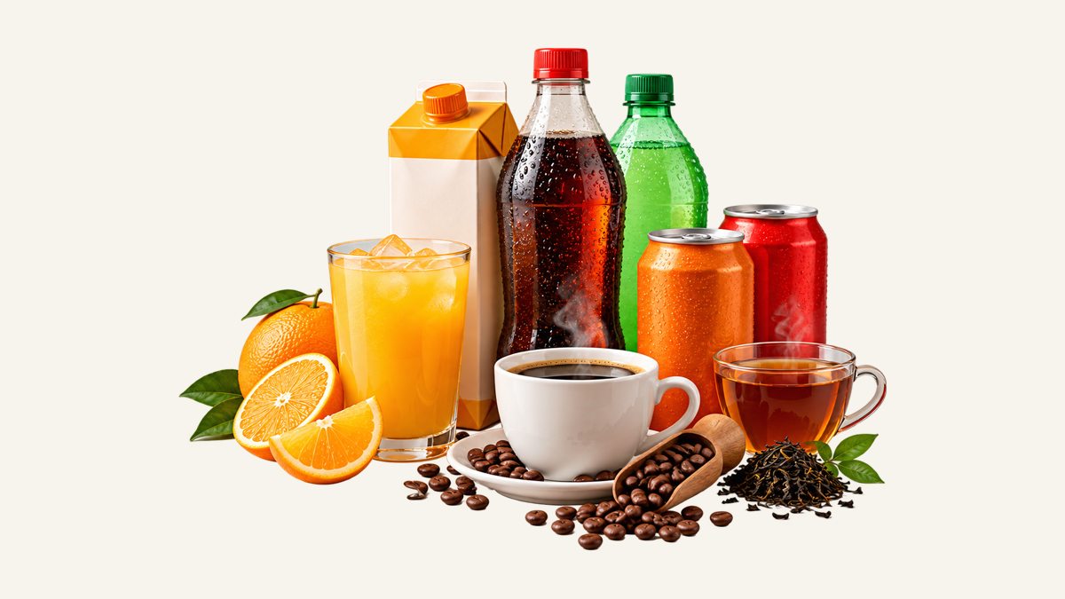 Orange juice, soft drinks in bottles and cans, coffee and tea