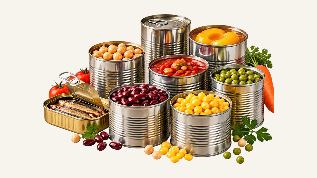 Open tins of chickpeas, kidney beans, peas, sweetcorn, tomatoes, peaches and sardines