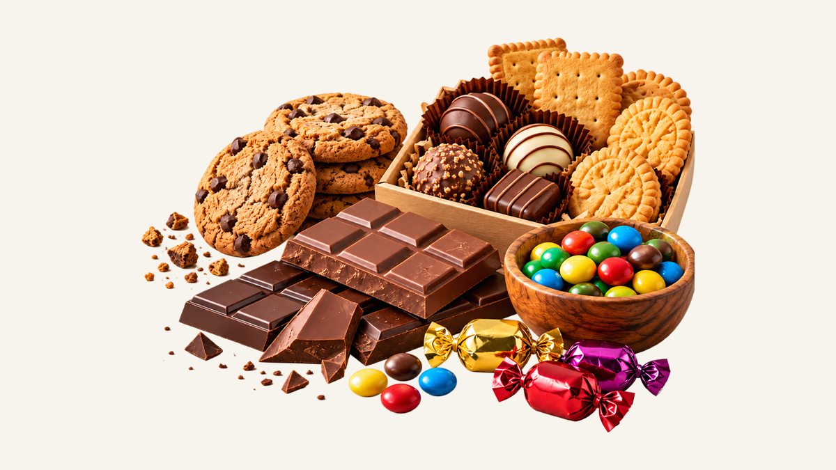 Chocolate bars, filled chocolates, cookies, biscuits and wrapped sweets