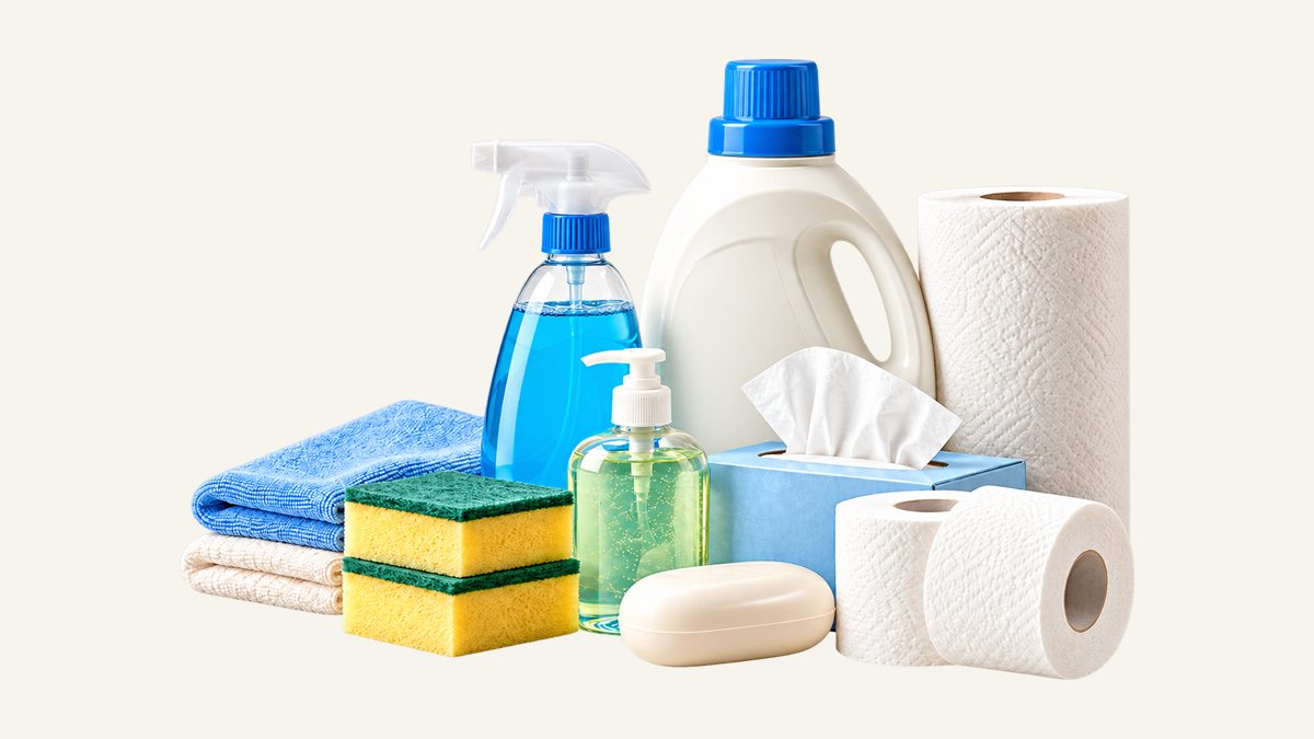 Laundry detergent, surface spray, hand soap, sponges, tissues and kitchen and toilet rolls