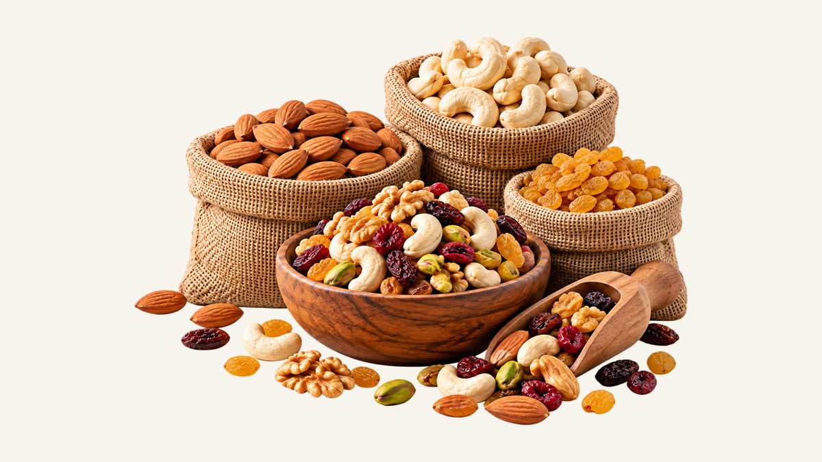 Almonds, cashews, dried apricots and a mixed nut and dried fruit bowl in jute sacks
