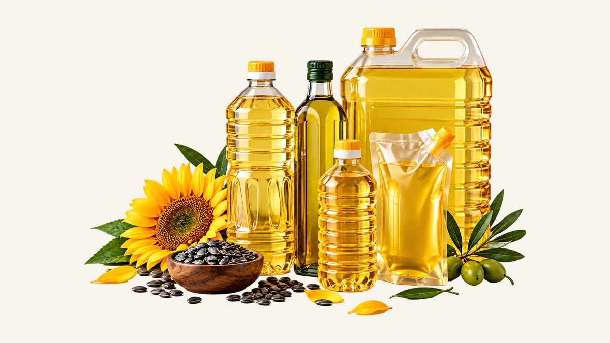 Sunflower and vegetable oil in bottles, a jerry can and pouches, with sunflowers and seeds