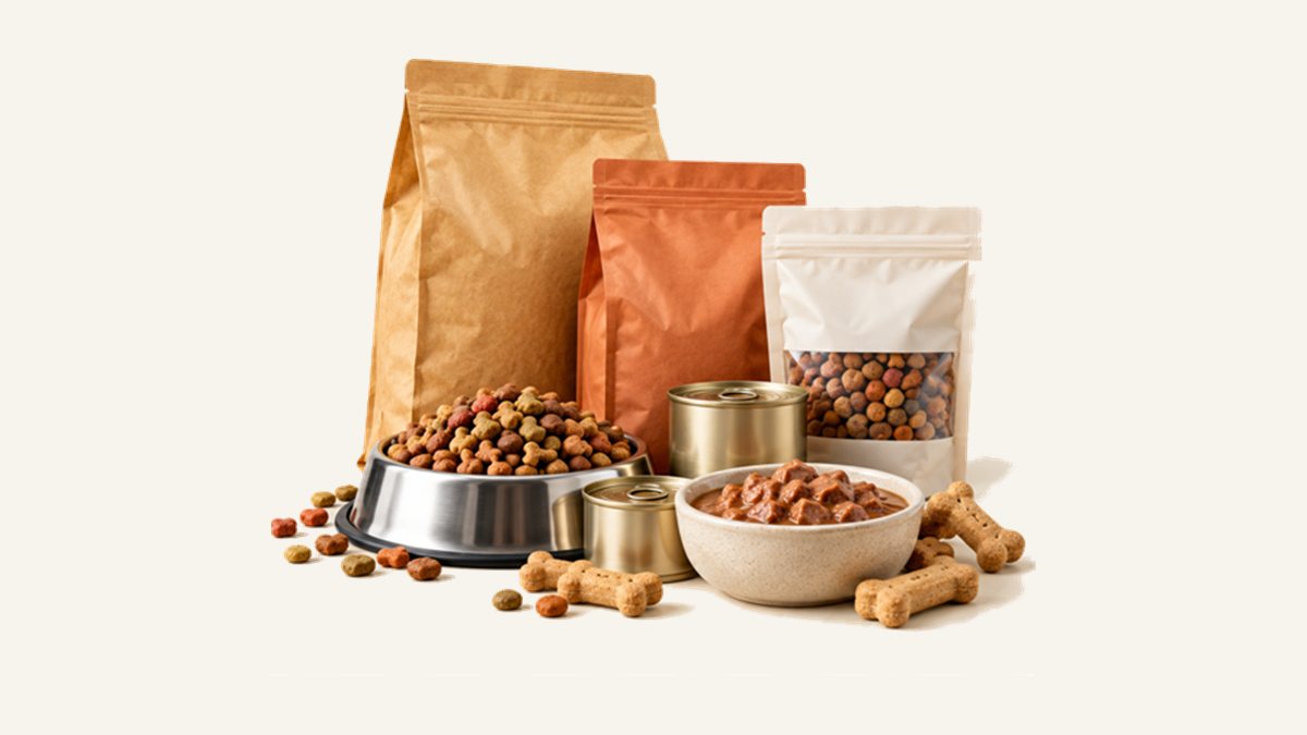Dry pet food bags, a bowl of kibble, wet food tins and dog treats