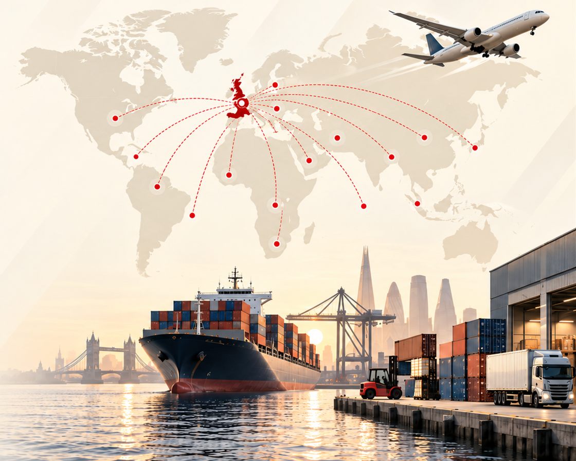 World map with shipping routes from the UK to buyers worldwide, above a container ship, cargo plane and London docks