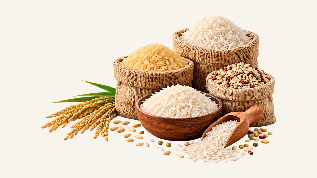 Basmati, sella and mixed rice in jute sacks with a wooden bowl and scoop
